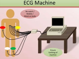 ECG Machine
Ensure
Earthing of
machine
No watch /
Mobile /
Metal on body
 