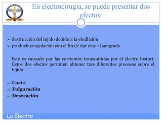 En electrocirugía, se puede presentar dos
                            efectos:


 destrucción del tejido debido a la ebullición
 producir coagulación con el fin de dar cese al sangrado


  Esto es causado por las corrientes transmitidas por el electro bisturí.
  Estos dos efectos permiten obtener tres diferentes procesos sobre el
  tejido:

Corte
Fulguración
Desecación




La Electro
 