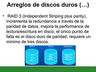 Arreglos de discos duros (…) RAID 3 (Independent Striping plus parity), incrementa la redundancia a través de la paridad de datos, mejora la performance de lectura/escritura en disco, el único punto de falla es el disco duro de paridad, requiere un mínimo de tres discos. 