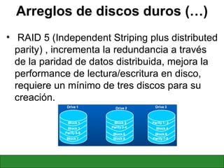 Arreglos de discos duros (…) RAID 5 (Independent Striping plus distributed parity) , incrementa la redundancia a través de la paridad de datos distribuida, mejora la performance de lectura/escritura en disco, requiere un mínimo de tres discos para su creación. 