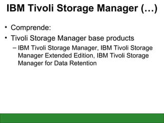 IBM Tivoli Storage Manager (…) Comprende: Tivoli Storage Manager base products IBM Tivoli Storage Manager, IBM Tivoli Storage Manager Extended Edition, IBM Tivoli Storage Manager for Data Retention  