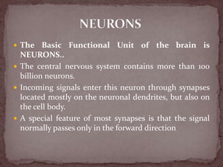  The Basic Functional Unit of the brain is
NEURONS..
 The central nervous system contains more than 100
billion neurons.
 Incoming signals enter this neuron through synapses
located mostly on the neuronal dendrites, but also on
the cell body.
 A special feature of most synapses is that the signal
normally passes only in the forward direction
 