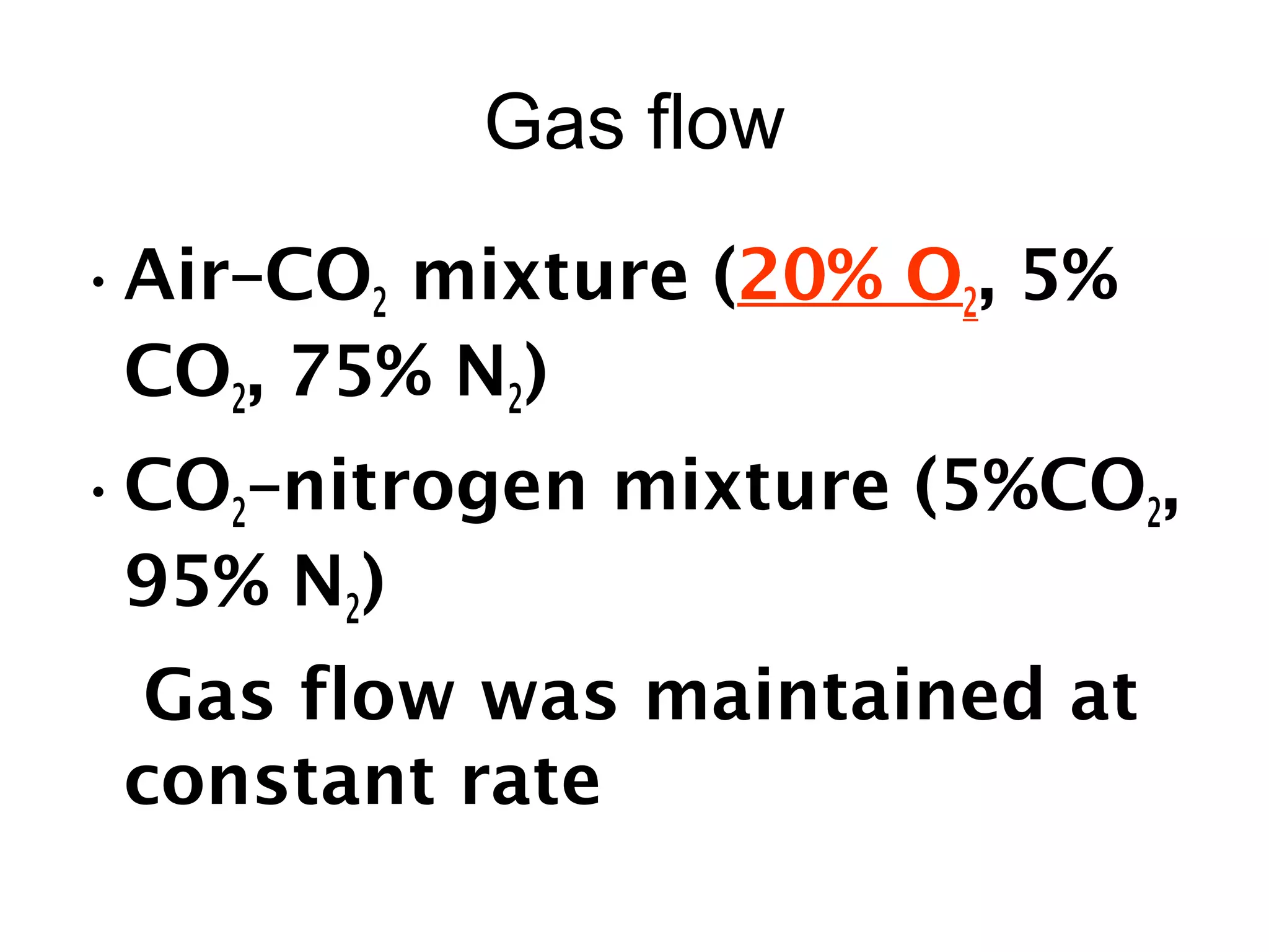 Gas flow
•Air–CO2 mixture (20% O2, 5%
CO2, 75% N2)
•CO2–nitrogen mixture (5%CO2,
95% N2)
Gas flow was maintained at
constant rate
 