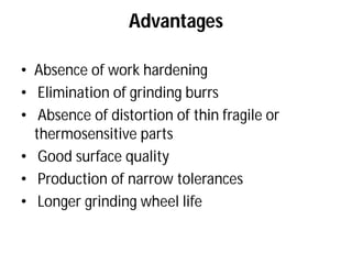 Advantages
• Absence of work hardening
• Elimination of grinding burrs
• Absence of distortion of thin fragile or
thermosensitive parts
• Good surface quality
• Production of narrow tolerances
• Longer grinding wheel life
Advantages
Absence of work hardening
Elimination of grinding burrs
Absence of distortion of thin fragile or
Production of narrow tolerances
Longer grinding wheel life
 