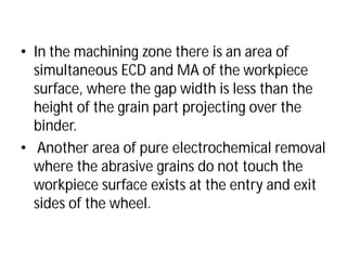 • In the machining zone there is an area of
simultaneous ECD and MA of the
surface, where the gap width is less than the
height of the grain part projecting over the
binder.
• Another area of pure electrochemical removal
where the abrasive grains do not touch the
workpiece surface exists at the entry and exit
sides of the wheel.
In the machining zone there is an area of
simultaneous ECD and MA of the workpiece
surface, where the gap width is less than the
height of the grain part projecting over the
Another area of pure electrochemical removal
where the abrasive grains do not touch the
surface exists at the entry and exit
 