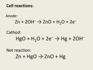 Anode:
Zn + 2OH− → ZnO + H2O + 2e−
Cathod:
HgO + H2O + 2e− → Hg + 2OH−
Net reaction:
Zn + HgO → ZnO + Hg
Cell reactions:
 
