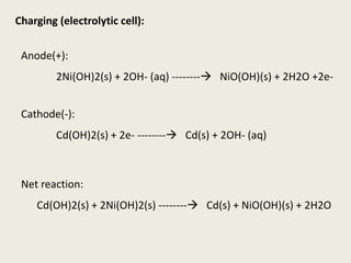 Charging (electrolytic cell):
Anode(+):
2Ni(OH)2(s) + 2OH- (aq) -------- NiO(OH)(s) + 2H2O +2e-
Cathode(-):
Cd(OH)2(s) + 2e- -------- Cd(s) + 2OH- (aq)
Net reaction:
Cd(OH)2(s) + 2Ni(OH)2(s) -------- Cd(s) + NiO(OH)(s) + 2H2O
 