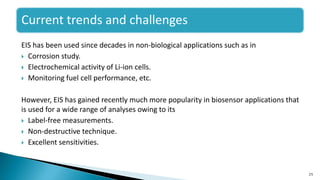 EIS has been used since decades in non-biological applications such as in
 Corrosion study.
 Electrochemical activity of Li-ion cells.
 Monitoring fuel cell performance, etc.
However, EIS has gained recently much more popularity in biosensor applications that
is used for a wide range of analyses owing to its
 Label-free measurements.
 Non-destructive technique.
 Excellent sensitivities.
25
Current trends and challenges
 
