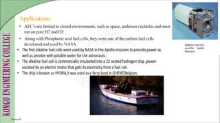 Applications
• AFC’s are limited to closed environments, such as space, undersea vechicles and must
run on pure H2 and O2.
• Along with Phosphoric acid fuel cells, they were one of the earliest fuel cells
developed and used by NASA.
10-Jun-24
 