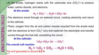At the anode, hydrogen reacts with the carbonate ions (CO3
2-) to produce
water, carbon dioxide, and electrons.
At the anode:
H2 + CO3
2– → H2O + CO2+ 2e-
The electrons travel through an external circuit, creating electricity and return
to the cathode.
There, oxygen from the air and carbon dioxide recycled from the anode react
with the electrons to form CO3
2- ions that replenish the electrolyte and transfer
current through the fuel cell, completing the circuit.
At the cathode:
½O2+ CO2+ 2e– → CO3
2-
The overall cell reaction
H2 + ½O2 + CO2 → H2O + CO2
The emf generated is around 0.9 V.
10-Jun-24
 