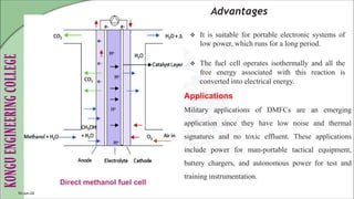 Advantages
 It is suitable for portable electronic systems of
low power, which runs for a long period.
 The fuel cell operates isothermally and all the
free energy associated with this reaction is
converted into electrical energy.
10-Jun-24
Direct methanol fuel cell
Applications
Military applications of DMFCs are an emerging
application since they have low noise and thermal
signatures and no toxic effluent. These applications
include power for man-portable tactical equipment,
battery chargers, and autonomous power for test and
training instrumentation.
 