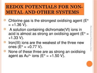 Electrochemical
Techniques_Intro
REDOX POTENTIALS FOR NON-
METAL AND OTHER SYSTEMS
 Chlorine gas is the strongest oxidising agent (E°
= +1.36 V).
 A solution containing dichromate(VI) ions in
acid is almost as strong an oxidising agent (E° =
+1.33 V).
 Iron(III) ions are the weakest of the three new
ones (E° = +0.77 V).
 None of these three are as strong an oxidising
agent as Au3+
ions (E° = +1.50 V).
 