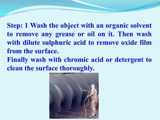 Step: 1 Wash the object with an organic solvent
to remove any grease or oil on it. Then wash
with dilute sulphuric acid to remove oxide film
from the surface.
Finally wash with chromic acid or detergent to
clean the surface thoroughly.
 