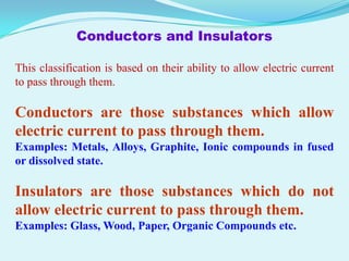 Conductors and Insulators

This classification is based on their ability to allow electric current
to pass through them.

Conductors are those substances which allow
electric current to pass through them.
Examples: Metals, Alloys, Graphite, Ionic compounds in fused
or dissolved state.

Insulators are those substances which do not
allow electric current to pass through them.
Examples: Glass, Wood, Paper, Organic Compounds etc.
 