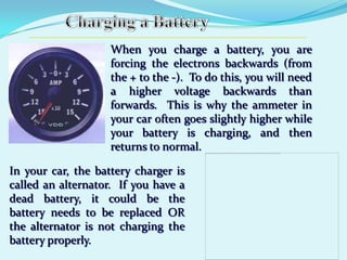 When you charge a battery, you are
                    forcing the electrons backwards (from
                    the + to the -). To do this, you will need
                    a higher voltage backwards than
                    forwards. This is why the ammeter in
                    your car often goes slightly higher while
                    your battery is charging, and then
                    returns to normal.

In your car, the battery charger is
called an alternator. If you have a
dead battery, it could be the
battery needs to be replaced OR
the alternator is not charging the
battery properly.
 