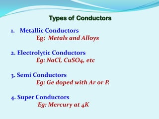 Types of Conductors

1. Metallic Conductors
        Eg: Metals and Alloys

2. Electrolytic Conductors
          Eg: NaCl, CuSO4, etc

3. Semi Conductors
         Eg: Ge doped with Ar or P.

4. Super Conductors
          Eg: Mercury at 4K
 