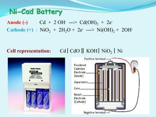 Ni-Cad Battery
Anode (-) : Cd + 2 OH- ---> Cd(OH)2 + 2e-
Cathode (+) : NiO2 + 2H2O + 2e- ---> Ni(OH)2 + 2OH-



Cell representation:   Cd CdO   KOH NiO2    Ni
 