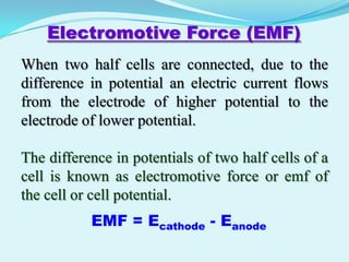 Electromotive Force (EMF)
When two half cells are connected, due to the
difference in potential an electric current flows
from the electrode of higher potential to the
electrode of lower potential.

The difference in potentials of two half cells of a
cell is known as electromotive force or emf of
the cell or cell potential.
           EMF = Ecathode - Eanode
 
