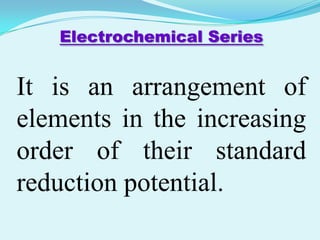 Electrochemical Series


It is an arrangement of
elements in the increasing
order of their standard
reduction potential.
 