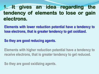 1. It gives an idea regarding the
tendency of elements to lose or gain
electrons.
Elements with lower reduction potential have a tendency to
lose electrons, that is greater tendency to get oxidized.

So they are good reducing agents.

Elements with higher reduction potential have a tendency to
receive electrons, that is greater tendency to get reduced.

So they are good oxidizing agents.
 