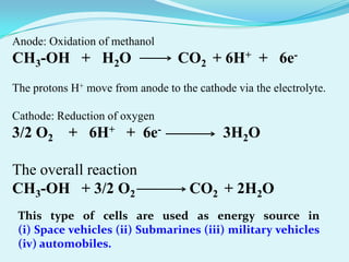 Anode: Oxidation of methanol
CH3-OH + H2O                      CO2 + 6H+ + 6e-
The protons H+ move from anode to the cathode via the electrolyte.

Cathode: Reduction of oxygen
3/2 O2 + 6H+ + 6e-                          3H2O

The overall reaction
CH3-OH + 3/2 O2                      CO2 + 2H2O
 This type of cells are used as energy source in
 (i) Space vehicles (ii) Submarines (iii) military vehicles
 (iv) automobiles.
 