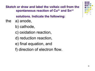Sketch or draw and label the voltaic cell from the
      spontaneous reaction of Cu2+ and Sn+2
      solutions. Indicate the following:
the   a) anode,
      b) cathode,
      c) oxidation reaction,
      d) reduction reaction,
      e) final equation, and
      f) direction of electron flow.


                                                     36
 