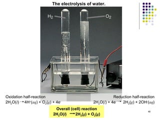 The electrolysis of water.




Oxidation half-reaction                                 Reduction half-reaction
2H2O(l) 4H+(aq) + O2(g) + 4e-                2H2O(l) + 4e-  2H2(g) + 2OH-(aq)
                         Overall (cell) reaction
                                                                           48
                        2H2O(l)    2H2(g) + O2(g)
 