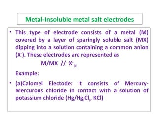 Metal-Insoluble metal salt electrodes
• This type of electrode consists of a metal (M)
covered by a layer of sparingly soluble salt (MX)
dipping into a solution containing a common anion
(X‒
). These electrodes are represented as
M/MX // X‒
(a)
Example:
• (a)Calomel Electode: It consists of Mercury-
Mercurous chloride in contact with a solution of
potassium chloride (Hg/Hg2Cl2, KCl)
 
