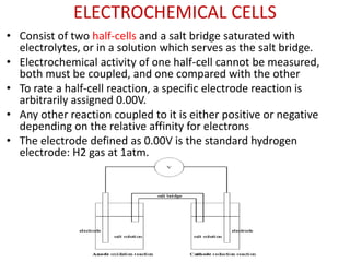 ELECTROCHEMICAL CELLS
• Consist of two half-cells and a salt bridge saturated with
electrolytes, or in a solution which serves as the salt bridge.
• Electrochemical activity of one half-cell cannot be measured,
both must be coupled, and one compared with the other
• To rate a half-cell reaction, a specific electrode reaction is
arbitrarily assigned 0.00V.
• Any other reaction coupled to it is either positive or negative
depending on the relative affinity for electrons
• The electrode defined as 0.00V is the standard hydrogen
electrode: H2 gas at 1atm.
 