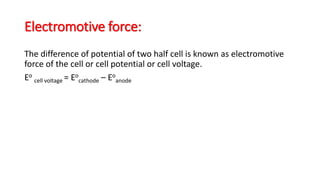 Electromotive force:
The difference of potential of two half cell is known as electromotive
force of the cell or cell potential or cell voltage.
Eo
cell voltage = Eo
cathode – Eo
anode
 