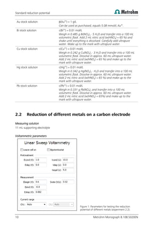 Standard reduction potential
10 Metrohm Monograph 8.108.5020EN
Au stock solution β(Au3+
) = 1 g/L
Can be used as purchased, equals 5.08 mmol/L Au3+
.
Bi stock solution c(Bi3+
) = 0.01 mol/L
Weigh in 0.485 g Bi(NO3)3 · 5 H2O and transfer into a 100 mL
volumetric flask. Add 2 mL nitric acid (w(HNO3) = 65 %) and
shake until everything is dissolved. Carefully add ultrapure
water. Make up to the mark with ultrapure water.
Cu stock solution c(Cu2+
) = 0.01 mol/L
Weigh in 0.242 g Cu(NO3)2 · 3 H2O and transfer into a 100 mL
volumetric flask. Dissolve in approx. 60 mL ultrapure water.
Add 2 mL nitric acid (w(HNO3) = 65 %) and make up to the
mark with ultrapure water.
Hg stock solution c(Hg2+
) = 0.01 mol/L
Weigh in 0.342 g Hg(NO3)2 · H2O and transfer into a 100 mL
volumetric flask. Dissolve in approx. 60 mL ultrapure water.
Add 2 mL nitric acid (w(HNO3) = 65 %) and make up to the
mark with ultrapure water.
Pb stock solution c(Pb2+
) = 0.01 mol/L
Weigh in 0.331 g Pb(NO3)2 and transfer into a 100 mL
volumetric flask. Dissolve in approx. 60 mL ultrapure water.
Add 2 mL nitric acid (w(HNO3) = 65%) and make up to the
mark with ultrapure water.
2.2 Reduction of different metals on a carbon electrode
Measuring solution
11 mL supporting electrolyte
Voltammetric parameters
Figure 1: Parameters for testing the reduction
potential of different metals (experiment 2.2).
 