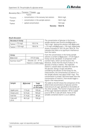 Experiment 10: The principle of a glucose sensor
126 Metrohm Monograph 8.108.5020EN
( )
– concentration in the recovery test solution 304.4 mg/L
– concentration in the sample solution 144.5 mg/L
– spiked concentration 150 mg/L
Recovery 106.6 %
Result discussion
Recovery in honey
= 75 mg/L 103.3 %
= 150 mg/L 106.6 %
The concentration of glucose in the honey
sample solution was found to be β(glucose) =
144.5 mg/L. Spiking this solution with β(glucose)
= 75 mg/L and β(glucose) = 150 mg/L respectively
shows a recovery of 103.3 % and 106.6 %. This
indicates that there is no significant interference
from the matrix.
Honey
β(glucose) 315.8 mg/g
Nutrition facts(24) Glucose: 22 – 41 %
Vitamin C: 0.026 mg/g
From the concentration in the honey sample
solution a content of β(glucose) = 315.8 mg/g in
honey can be calculated. A comparison with
nutrition facts, which can be found in the
literature, shows that the result of about 31 %
glucose in honey is realistic. The expected
vitamin C content does not affect the result for
the glucose. Doing a rough calculation,
considering the dilution of the honey for the
measurement, the concentration of vitamin C in
the sample solution was about 0.001 mg/L. This
concentration is at least 100 times lower than the
concentration of vitamin C that would trigger a
signal in the measurement.
Sample β(glucose) Sugar
as specified
on the bottle
Apple juice 17.6 g/L 100 g/L
Grape juice 52.4 g/L 160 g/L*
Iced tea 31.4 g/L 80 g/L
Cola soft
drink
46.2 g/L 106 g/L
The table to the left shows the comparison of the
determined concentrations of glucose and the
total amount of sugar specified on the bottles of
the other samples. The fraction of glucose as part
of the sugar represents between 18 % in apple
juice to 44 % in cola soft drink. None of the
samples contained vitamin C as an additive.
*
Carbohydrates, sugar not separately specified
 