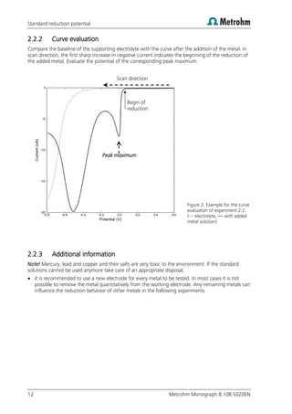 Standard reduction potential
12 Metrohm Monograph 8.108.5020EN
2.2.2 Curve evaluation
Compare the baseline of the supporting electrolyte with the curve after the addition of the metal. In
scan direction, the first sharp increase in negative current indicates the beginning of the reduction of
the added metal. Evaluate the potential of the corresponding peak maximum.
Figure 2: Example for the curve
evaluation of experiment 2.2.
(–– electrolyte, –– with added
metal solution)
2.2.3 Additional information
Note! Mercury, lead and copper and their salts are very toxic to the environment. If the standard
solutions cannot be used anymore take care of an appropriate disposal.
 It is recommended to use a new electrode for every metal to be tested. In most cases it is not
possible to remove the metal quantitatively from the working electrode. Any remaining metals can
influence the reduction behavior of other metals in the following experiments.
Begin of
reduction
Scan direction
Peak maximum
 