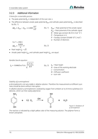 A reversible redox system
16 Metrohm Monograph 8.108.5020EN
3.2.3 Additional information
Criteria for a reversible process
 The peak potential is independent of the scan rate .
 The difference between anodic peak potential and cathodic peak potential is described
by (Eq. 1).
(Eq. 1) – Peak potential of the anodic signal
– Peak potential of the cathodic signal
– Molar gas constant (8.314 J·mol-1
·K-1
)
– Temperature in K
– Faraday constant (9.648·104
C·mol-1
)
– Number of electrons
For T = 298 K
(Eq. 2)
 Peak height √ .
 Anodic peak height and cathodic peak height are equal.
Randles-Sevcik equation
√ (Eq. 3) – Peak height
– Area of the working electrode
– Concentration
– Diffusion coefficient
– scan rate
Stability of p-aminophenol
p-Aminophenol is not very stable in alkaline solution. Therefore the measurements at different scan
rates should be done without interruption.
In alkaline solution p-aminophenol is oxidized by oxygen from ambient air to 4-imino-cyclohexa-2,5-
dienone, which can then easily polymerize:
Figure 5: Oxidation of
p-aminophenol
The reaction is indicated by a slight yellow color of the measuring solution. The polymer forms a
brown precipitate.
NH2
OH
O2
NH
O
O
H2
OH
1/2
+ +
 