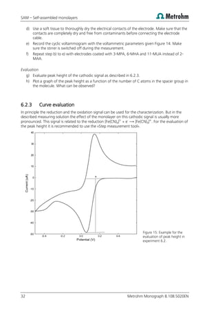 SAM – Self-assembled monolayers
32 Metrohm Monograph 8.108.5020EN
d) Use a soft tissue to thoroughly dry the electrical contacts of the electrode. Make sure that the
contacts are completely dry and free from contaminants before connecting the electrode
cable.
e) Record the cyclic voltammogram with the voltammetric parameters given Figure 14. Make
sure the stirrer is switched off during the measurement.
f) Repeat step b) to e) with electrodes coated with 3-MPA, 6-MHA and 11-MUA instead of 2-
MAA.
Evaluation
g) Evaluate peak height of the cathodic signal as described in 6.2.3.
h) Plot a graph of the peak height as a function of the number of C atoms in the spacer group in
the molecule. What can be observed?
6.2.3 Curve evaluation
In principle the reduction and the oxidation signal can be used for the characterization. But in the
described measuring solution the effect of the monolayer on this cathodic signal is usually more
pronounced. This signal is related to the reduction [Fe(CN)6]3-
+ e-
⟶ [Fe(CN)6]4-
. For the evaluation of
the peak height it is recommended to use the «Step measurement tool».
Figure 15: Example for the
evaluation of peak height in
experiment 6.2.
 
