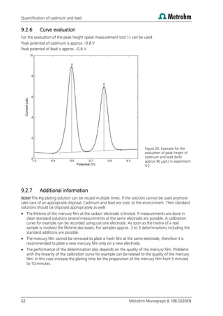 Quantification of cadmium and lead
62 Metrohm Monograph 8.108.5020EN
9.2.6 Curve evaluation
For the evaluation of the peak height «peak measurement tool 1» can be used.
Peak potential of cadmium is approx. -0.8 V
Peak potential of lead is approx. -0.6 V
Figure 26: Example for the
evaluation of peak height of
cadmium and lead (both
approx 90 µg/L) in experiment
9.2.
9.2.7 Additional information
Note! The Hg plating solution can be reused multiple times. If the solution cannot be used anymore
take care of an appropriate disposal. Cadmium and lead are toxic to the environment. Their standard
solutions should be disposed appropriately as well.
 The lifetime of the mercury film at the carbon electrode is limited. If measurements are done in
clean standard solutions several measurements at the same electrode are possible. A calibration
curve for example can be recorded using just one electrode. As soon as the matrix of a real
sample is involved the lifetime decreases. For samples approx. 3 to 5 determinations including the
standard additions are possible.
 The mercury film cannot be removed to plate a fresh film at the same electrode, therefore it is
recommended to plate a new mercury film only on a new electrode.
 The performance of the determination also depends on the quality of the mercury film. Problems
with the linearity of the calibration curve for example can be related to the quality of the mercury
film. In this case increase the plating time for the preparation of the mercury film from 5 minutes
to 10 minutes.
 
