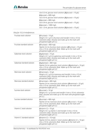 The principle of a glucose sensor
Electrochemistry – A workbook for 910 PSTAT mini 65
Use 0.5 mL glucose stock solution (β(glucose) = 10 g/L)
β(glucose) = 600 mg/L
Use 0.6 mL glucose stock solution (β(glucose) = 10 g/L)
β(glucose) = 800 mg/L
Use 0.8 mL glucose stock solution (β(glucose) = 10 g/L)
β(glucose) = 1000 mg/L
Use 1.0 mL glucose stock solution (β(glucose) = 10 g/L)
Only for 10.2.4 Interferences:
Fructose stock solution β(fructose) = 10 g/L
Weigh in 0.1 g D-(-)-fructose and transfer it into a 10 mL
volumetric flask. Dissolve and make up to the mark with
phosphate buffer pH 5.2.
Fructose standard solution β(fructose) = 400 mg/L
Pipette 0.4 mL fructose stock solution (β(fructose) = 10 g/L)
into a 10 mL volumetric flask. Make up to the mark with
phosphate buffer pH 5.2.
Galactose stock solution β(galactose) = 10 g/L
Weigh in 0.1 g D-(+)-galactose and transfer it into a 10 mL
volumetric flask. Dissolve and make up to the mark with
phosphate buffer pH 5.2.
Galactose standard solution β(galactose) = 400 mg/L
Pipette 0.4 mL galactose stock solution (β(galactose) = 10 g/L)
into a 10 mL volumetric flask. Make up to the mark with
phosphate buffer pH 5.2.
Mannose stock solution β(mannose) = 10 g/L
Weigh in 0.1 g D-(+)-mannose and transfer it into a 10 mL
volumetric flask. Dissolve and make up to the mark with
phosphate buffer pH 5.2.
Mannose standard solution β(mannose) = 400 mg/L
Pipette 0.4 mL mannose stock solution (β(mannose) = 10 g/L)
into a 10 mL volumetric flask. Make up to the mark with
phosphate buffer pH 5.2.
Sucrose stock solution β(sucrose) = 10 g/L
Weigh in 0.1 g sucrose and transfer it into a 10 mL volumetric
flask. Dissolve and make up to the mark with phosphate buffer
pH 5.2.
Sucrose standard solution β(sucrose) = 400 mg/L
Pipette 0.4 mL mannose stock solution (β(sucrose) = 10 g/L)
into a 10 mL volumetric flask. Make up to the mark with
phosphate buffer pH 5.2.
Vitamin C stock solution β(vitamin C) = 10 g/L
Weigh in 0.1 g vitamin C and transfer it into a 10 mL
volumetric flask. Dissolve and make up to the mark with
phosphate buffer pH 5.2.
Vitamin C standard solution β(vitamin C) = 10 mg/L
Pipette 0.01mL vitamin C stock solution (β(vitamin C) = 10 g/L)
into a 10 mL volumetric flask. Make up to the mark with
phosphate buffer pH 5.2.
 