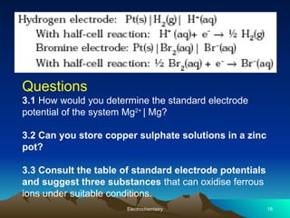 Electrochemistry 18
Questions
3.1 How would you determine the standard electrode
potential of the system Mg2+
| Mg?
3.2 Can you store copper sulphate solutions in a zinc
pot?
3.3 Consult the table of standard electrode potentials
and suggest three substances that can oxidise ferrous
ions under suitable conditions.
 