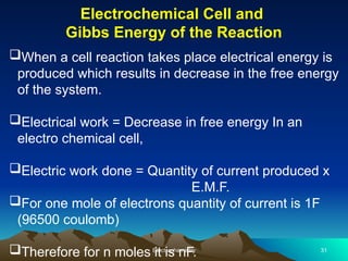 Electrochemical Cell and
Gibbs Energy of the Reaction
Electrochemistry 31
When a cell reaction takes place electrical energy is
produced which results in decrease in the free energy
of the system.
Electrical work = Decrease in free energy In an
electro chemical cell,
Electric work done = Quantity of current produced x
E.M.F.
For one mole of electrons quantity of current is 1F
(96500 coulomb)
Therefore for n moles it is nF.
 
