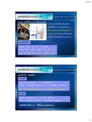 03/10/54




เซลล์ทุติยภูม(Secondary cell)
             ิ
เซลล์สะสมไฟฟ้ าแบบตะกัว(แบตเตอรี)
                      ่
                                             การประจุไฟครั้งที่ 2 ต้องสลับ
                                             ขั้วไฟฟ้ าในการประจุไฟ คือ เอา
                                             ขั้วบวกของแหล่งกาเนิดต่อกับขั้ว
                                             Anode(- )ของเซลล์และขั้วลบของ
                                             แหล่งกาเนิดต่อเข้ากับCathode (+)

 ประจุไฟครั้งที่ 2
 Cathode + : PbSO4 + 2e-         Pb + SO42-
 Anode - : PbSO4 + 2H2O       PbO2 + 4H+ + SO42- + 2e-
 Redox : Pb + PbO2 + 4H+ + 2SO42-        2PbSO4 + 2H2O




เซลล์ทุติยภูม(Secondary cell)
             ิ
เซลล์นิกเกิล - แคดเมียม
 การจ่ ายไฟ
 Anode - :Cd(s) + 2OH-(aq)           Cd(OH)2(s) + 2e-
 Cathode + : 2NiO(OH)(s) + 2H2O(l) + 2e-       2Ni(OH)2(s) + 2OH-(aq)
 Redox : Cd(s) + 2NiO(OH)(s) + 2H2O(l)        Cd(OH)2(s) + 2Ni(OH)2(s)
 ประจุไฟ
 Cathode + :Cd(OH)2(s) + 2e-       Cd(s) + 2OH-(aq)
 Anode - : 2Ni(OH)2(s) + 2OH -(aq)    2NiO(OH)(s) + 2H2O(l) + 2e-

  ศักย์ไฟฟาวัดได้ 1.4 V ใช้ ได้ นาน แต่ กาจัดยาก
          ้




                                                                                     32
 