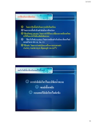 03/10/54




การปองกันการสึ กกร่ อน
    ้


    โดยการปิ ดพืนผิวด้ วยการทาสี หรือเครือบ
                     ้
     โดยการทาพืนผิวด้ วยตัวยับยั้งการสึ กกร่ อน
                  ้
     วิธีแคโทด(Cathodic) โดยการทาให้ โลหะเปลียนสภาพเป็ นแคโทด
                                                 ่
     ทาให้ โลหะนั้นไม่ ต้องเสี ยอิเล็กตรอน
    วิธีอะโนไดซ์ (Anodize) โดยการเคลือบผิวด้ วยโลหะทีออกไซด์
                                                        ่
     สลายตัวยาก เช่ น Al, Sn, Cr
     วิธีรมดา โดยการนาแผ่นโลหะแช่ ในสารละลายรมดา
     (NaNO3+NaOH+H2O) ทีอุณหภูมิ 136-143C
                                 ่




เทคโนโลยีเกียวข้ องกับเซลล์ไฟฟาเคมี
            ่                 ้



           การทาอิเล็กโทรไดอะลิซิสนาทะเล
                                    ้
                 เซลล์เชื้อเพลิง
            แบบเตอรีอเิ ล็กโทรไลต์แข็ง




                                                                      38
 