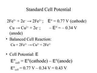 Standard Cell Potential
2Fe3+
+ 2e–
→ 2Fe2+
; E° = 0.77 V (cathode)
Cu → Cu2+
+ 2e–
; – E° = – 0.34 V
(anode)
• Balanced Cell Reaction:
Cu + 2Fe3+
→ Cu2+
+ 2Fe2+
• Cell Potential: E
E°cell = E°(cathode) – E°(anode)
E°cell = 0.77 V – 0.34 V = 0.43 V
 