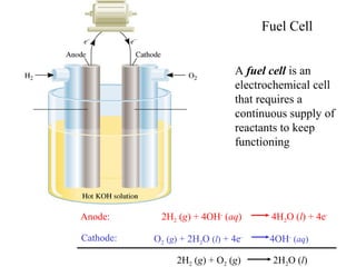 Fuel Cell
A fuel cell is an
electrochemical cell
that requires a
continuous supply of
reactants to keep
functioning
Anode:
Cathode: O2 (g) + 2H2O (l) + 4e-
4OH-
(aq)
2H2 (g) + 4OH-
(aq) 4H2O (l) + 4e-
2H2 (g) + O2 (g) 2H2O (l)
 