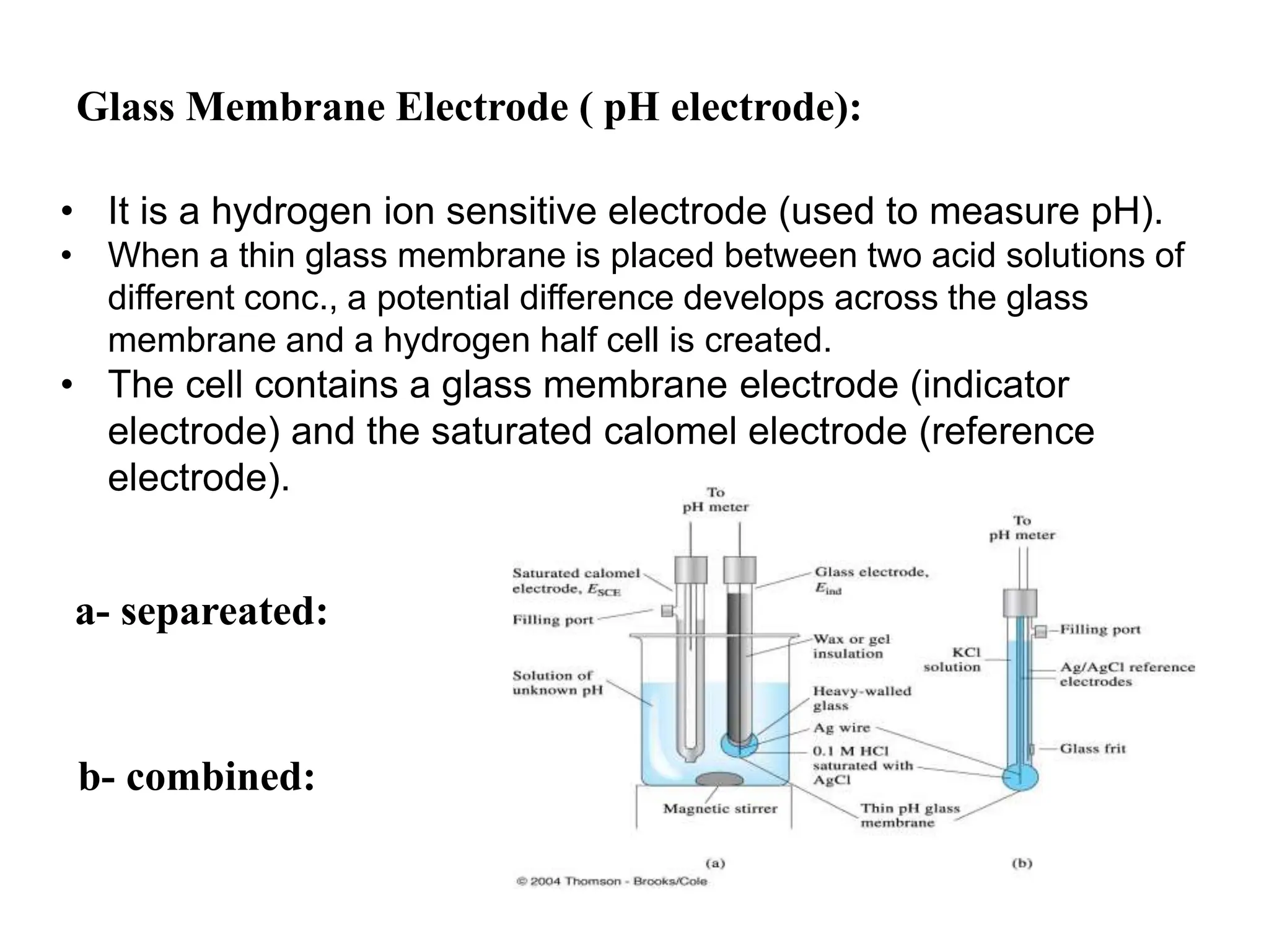 Glass Membrane Electrode ( pH electrode):
• It is a hydrogen ion sensitive electrode (used to measure pH).
• When a thin glass membrane is placed between two acid solutions of
different conc., a potential difference develops across the glass
membrane and a hydrogen half cell is created.
• The cell contains a glass membrane electrode (indicator
electrode) and the saturated calomel electrode (reference
electrode).
a- separeated:
b- combined:
 
