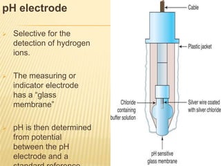 pH electrode

   Selective for the
    detection of hydrogen
    ions.

   The measuring or
    indicator electrode
    has a “glass
    membrane”

   pH is then determined
    from potential
    between the pH
    electrode and a
 