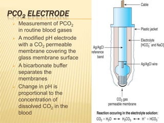 PCO2 ELECTRODE
    Measurement of PCO2
     in routine blood gases
    A modified pH electrode
     with a CO2 permeable
     membrane covering the
     glass membrane surface
    A bicarbonate buffer
     separates the
     membranes
    Change in pH is
     proportional to the
     concentration of
     dissolved CO2 in the
     blood
 