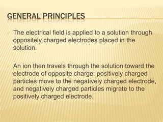 GENERAL PRINCIPLES
   The electrical field is applied to a solution through
    oppositely charged electrodes placed in the
    solution.

   An ion then travels through the solution toward the
    electrode of opposite charge: positively charged
    particles move to the negatively charged electrode,
    and negatively charged particles migrate to the
    positively charged electrode.
 