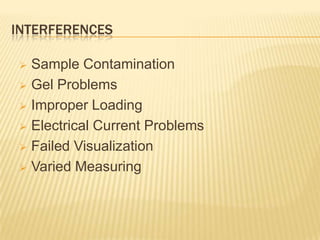 INTERFERENCES

  Sample Contamination
  Gel Problems

  Improper Loading

  Electrical Current Problems

  Failed Visualization

  Varied Measuring
 