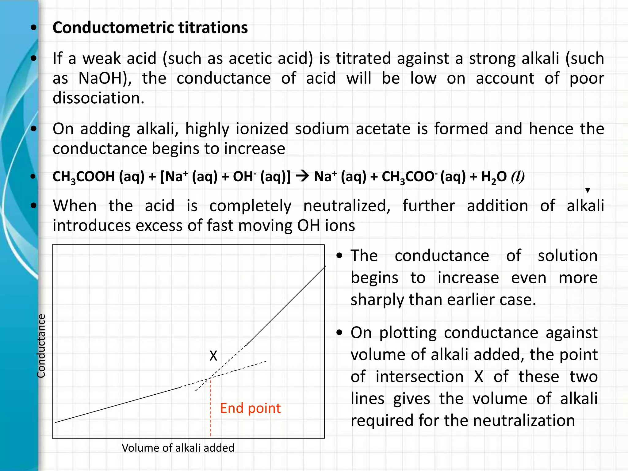 • Conductometric titrations
• If a weak acid (such as acetic acid) is titrated against a strong alkali (such
as NaOH), the conductance of acid will be low on account of poor
dissociation.
• On adding alkali, highly ionized sodium acetate is formed and hence the
conductance begins to increase
• CH3COOH (aq) + [Na+ (aq) + OH- (aq)]  Na+ (aq) + CH3COO- (aq) + H2O (l)
• When the acid is completely neutralized, further addition of alkali
introduces excess of fast moving OH ions
X
Volume of alkali added
Conductance
End point
• The conductance of solution
begins to increase even more
sharply than earlier case.
• On plotting conductance against
volume of alkali added, the point
of intersection X of these two
lines gives the volume of alkali
required for the neutralization
 