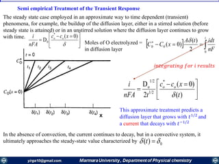 Semi empirical Treatment of the Transient Response
The steady state case employed in an approximate way to time dependent (transient)
phenomena, for example, the buildup of the diffusion layer, either in a stirred solution (before
steady state is attained) or in an unstirred solution where the diffusion layer continues to grow
with time.





 


)0(
D
*
0
xcc
nFA
i oo
0)(  t
This approximate treatment predicts a
diffusion layer that grows with 𝑡1/2
and
a current that decays with 𝑡−1/2
x
𝑖𝑛𝑡𝑒𝑔𝑟𝑎𝑡𝑖𝑛𝑔 𝑓𝑜𝑟 𝑖 𝑟𝑒𝑠𝑢𝑙𝑡𝑠
In the absence of convection, the current continues to decay, but in a convective system, it
ultimately approaches the steady-state value characterized by





 

)(
)0(
2
D *
1/2
1/2
o
t
xcc
tnFA
i oo

Moles of О electrolyzed =
in diffusion layer
  
t
nF
idttA
xCC
0
00
2
)(
)0(

 